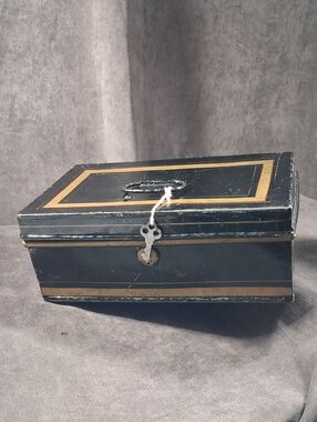 Antique Black & Gold Painted Metal Lock Money Box with 1 Key Working Condition